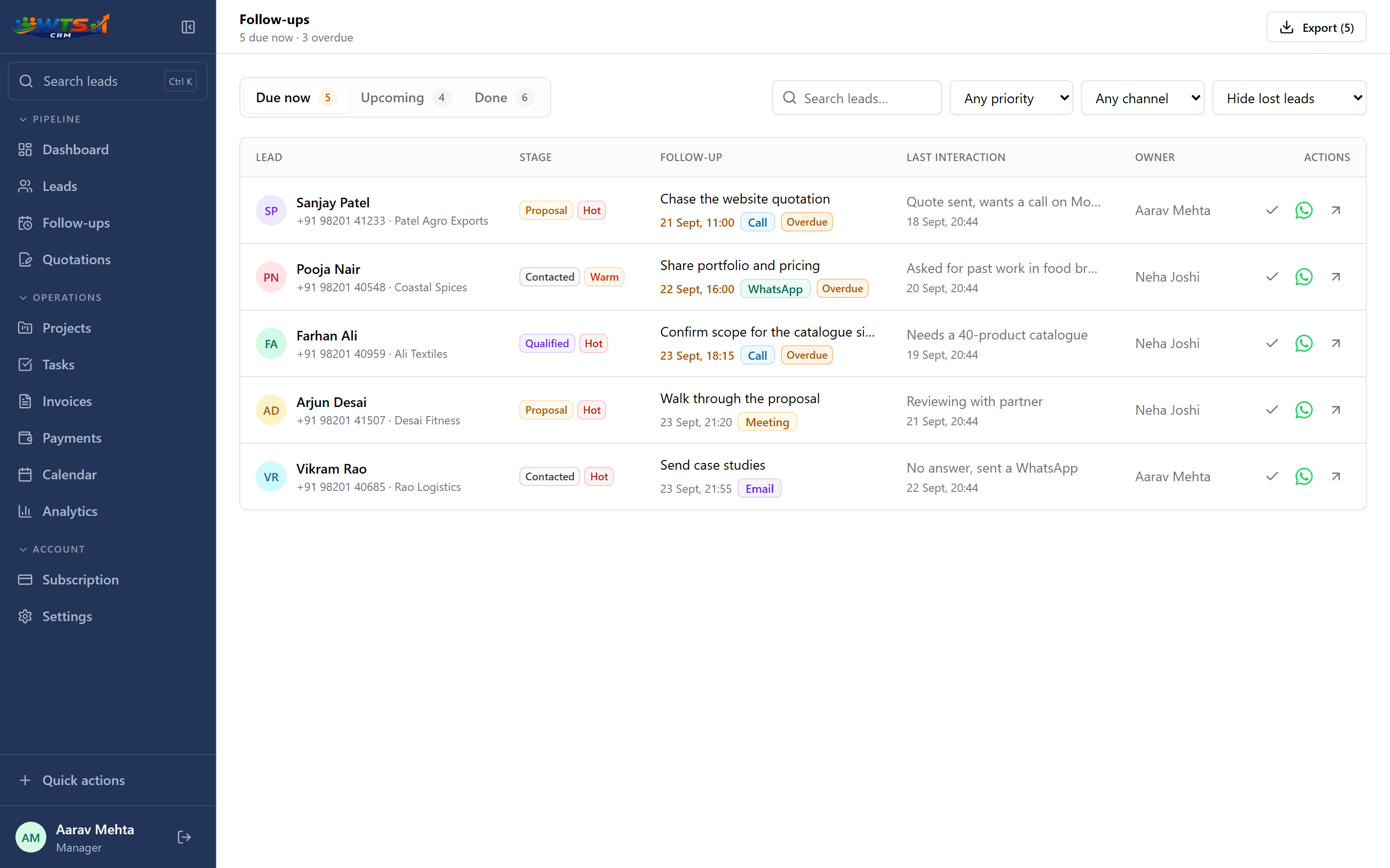 The follow-ups queue: leads due now with their stage, channel, overdue flag, last interaction and owner