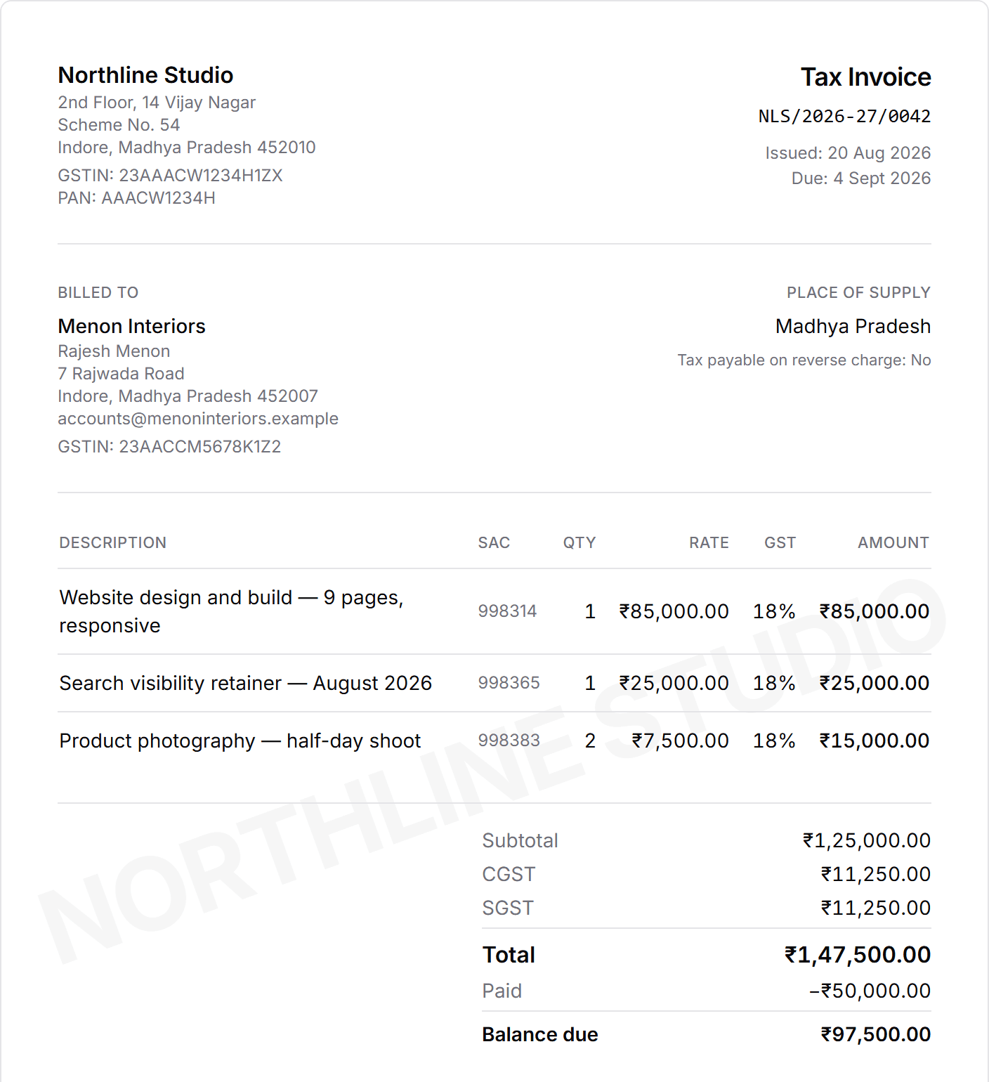 A GST tax invoice for a website build with CGST and SGST, a part payment and the balance due